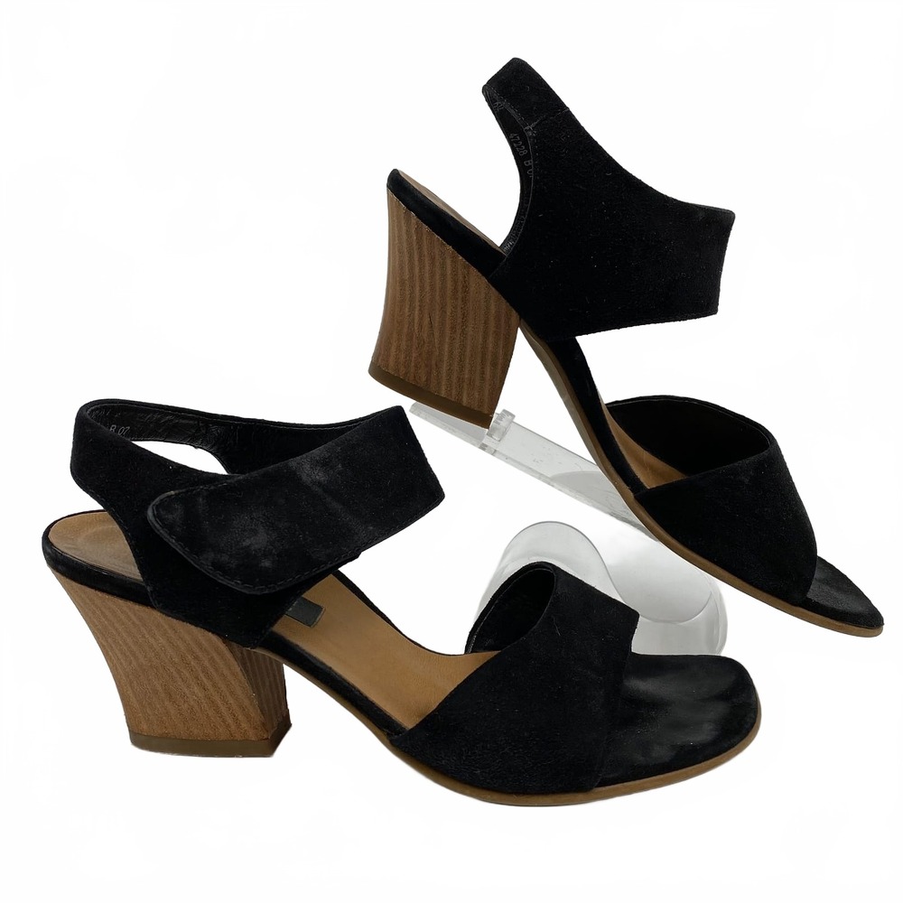 Paul Green Black Leather Strappy Peep Toe Heeled Sandals | US9
